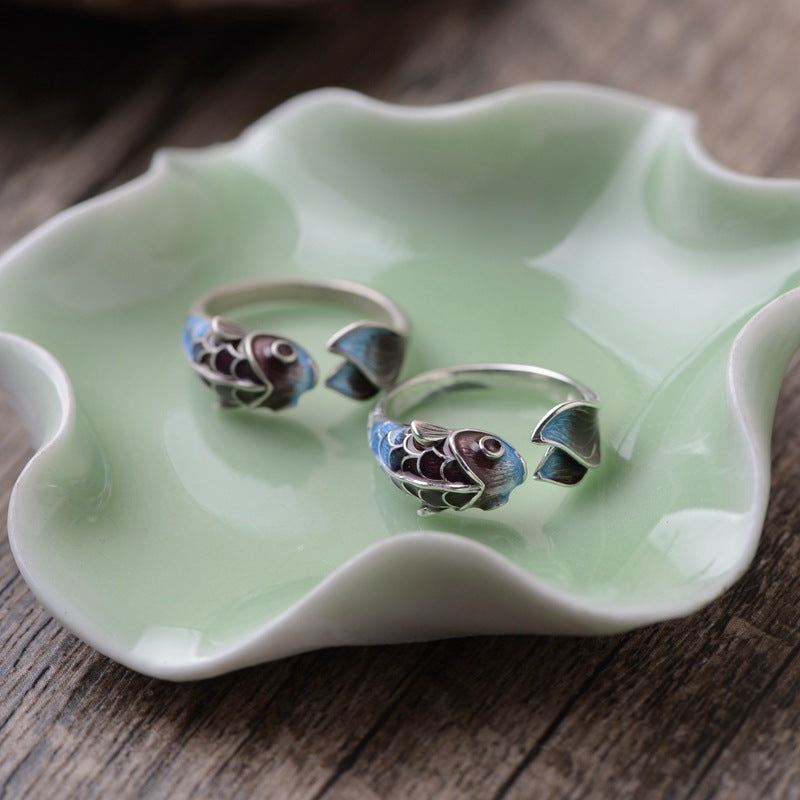 S925 Silber Retro Klassischer Gerösteter Blauer Karpfen Koi Ring