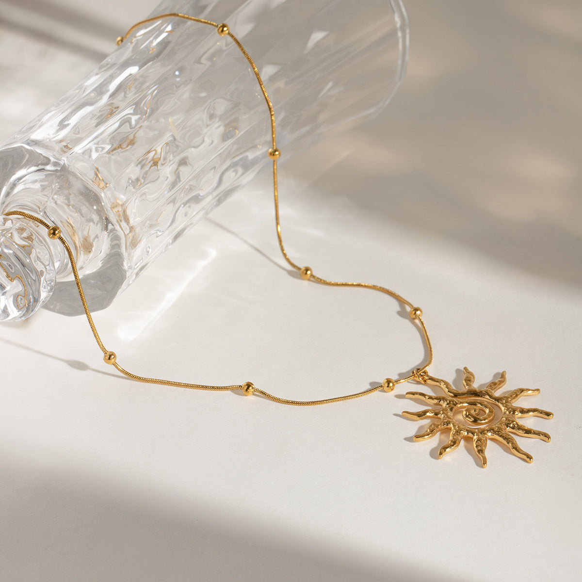 Stainless Steel Hammered Spiral Sun Pendant Necklace