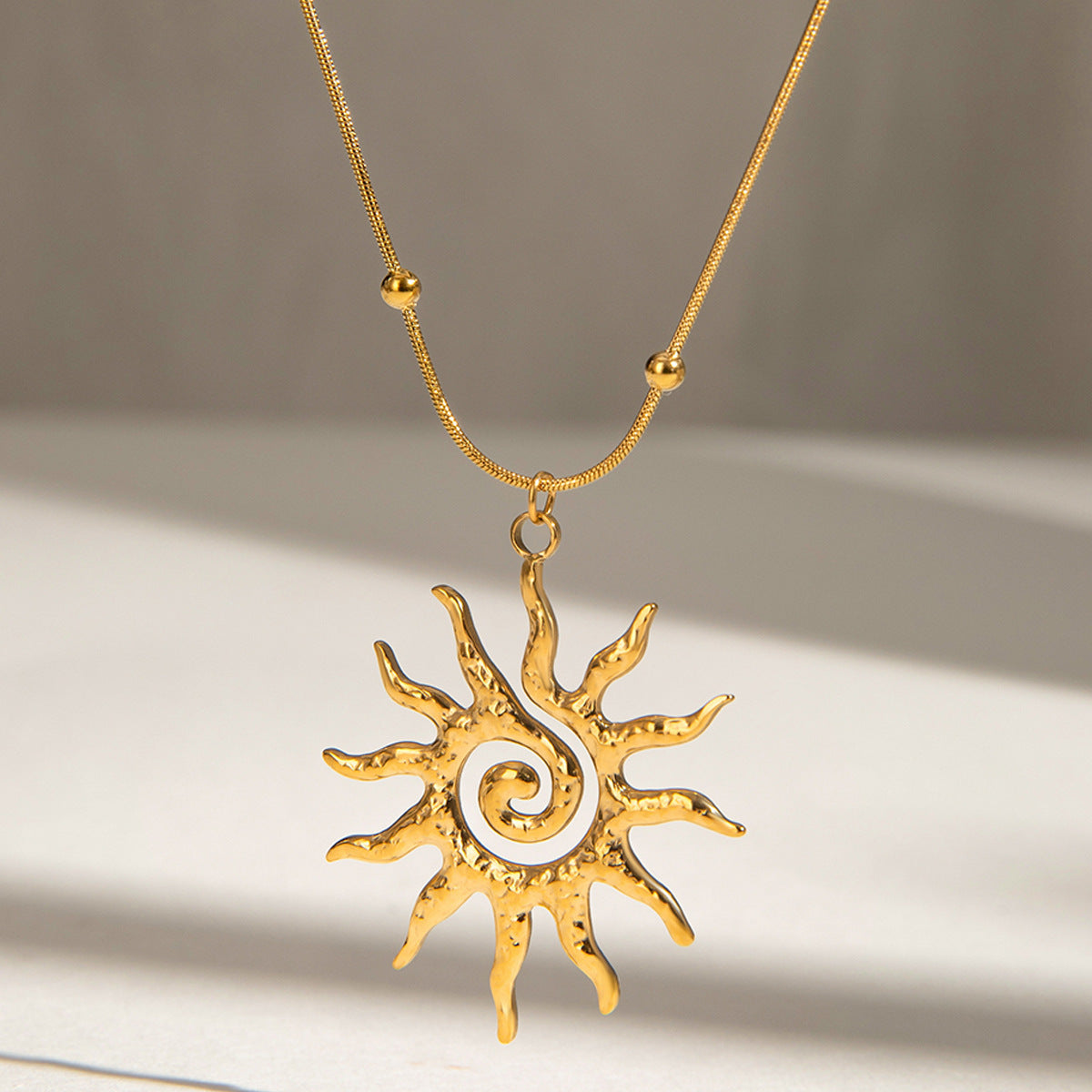 Stainless Steel Hammered Spiral Sun Pendant Necklace