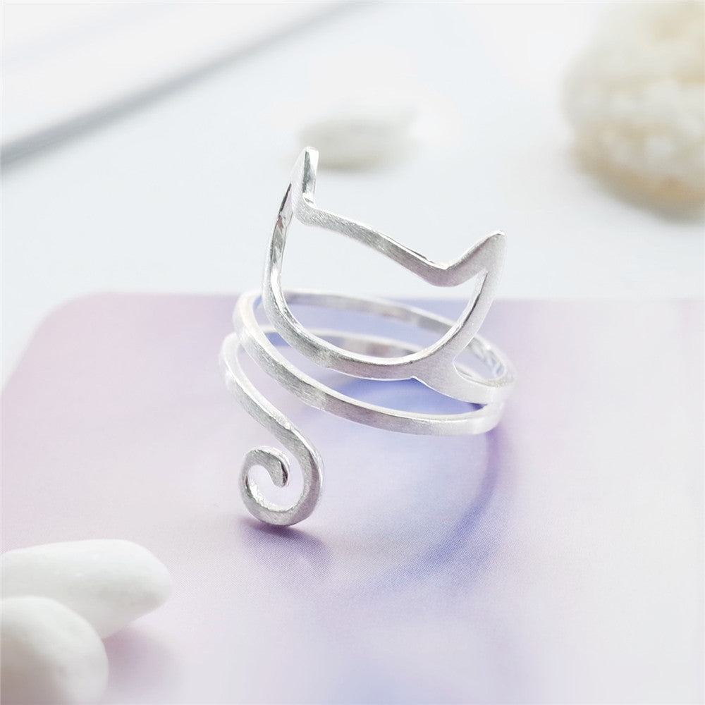 S925 Silber Personalisierter Wickelring mit gebürstetem süßem Katzenmotiv