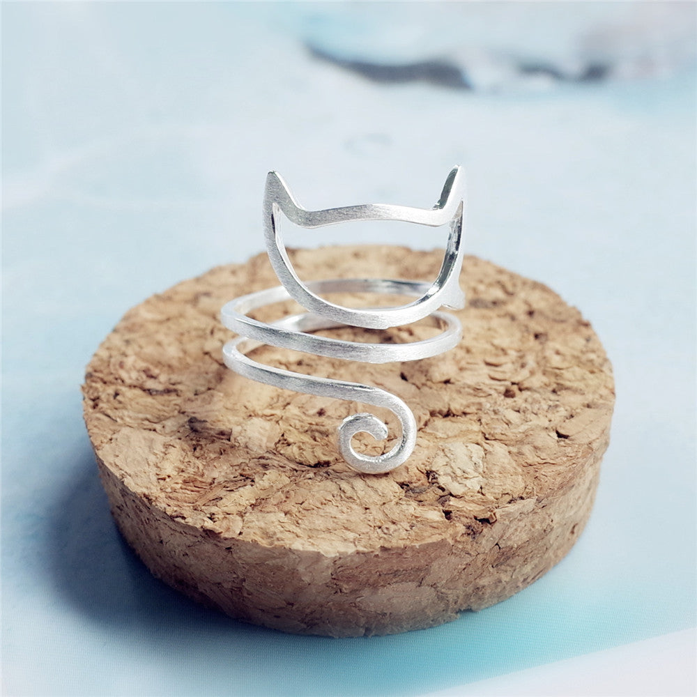 S925 Silber Personalisierter Wickelring mit gebürstetem süßem Katzenmotiv