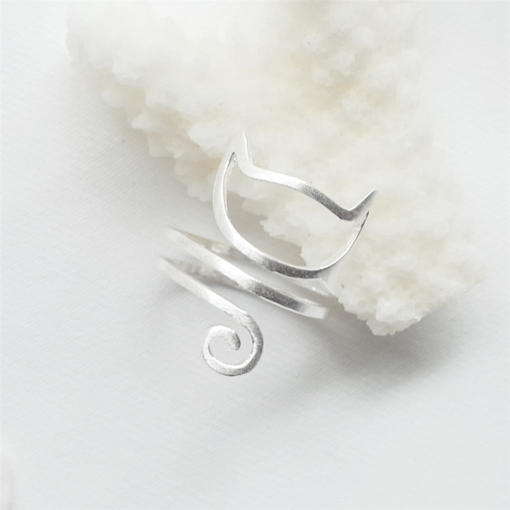 S925 Silber Personalisierter Wickelring mit gebürstetem süßem Katzenmotiv
