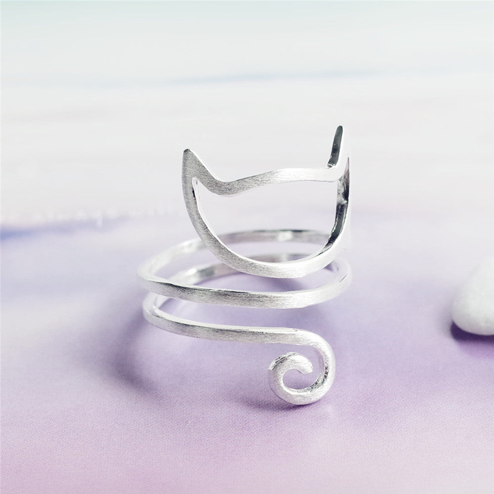 S925 Silber Personalisierter Wickelring mit gebürstetem süßem Katzenmotiv