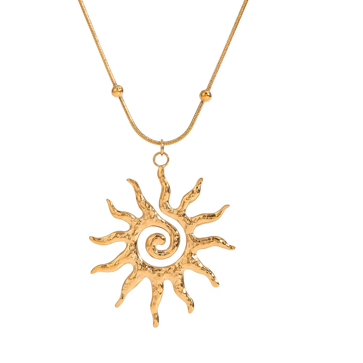 Stainless Steel Hammered Spiral Sun Pendant Necklace