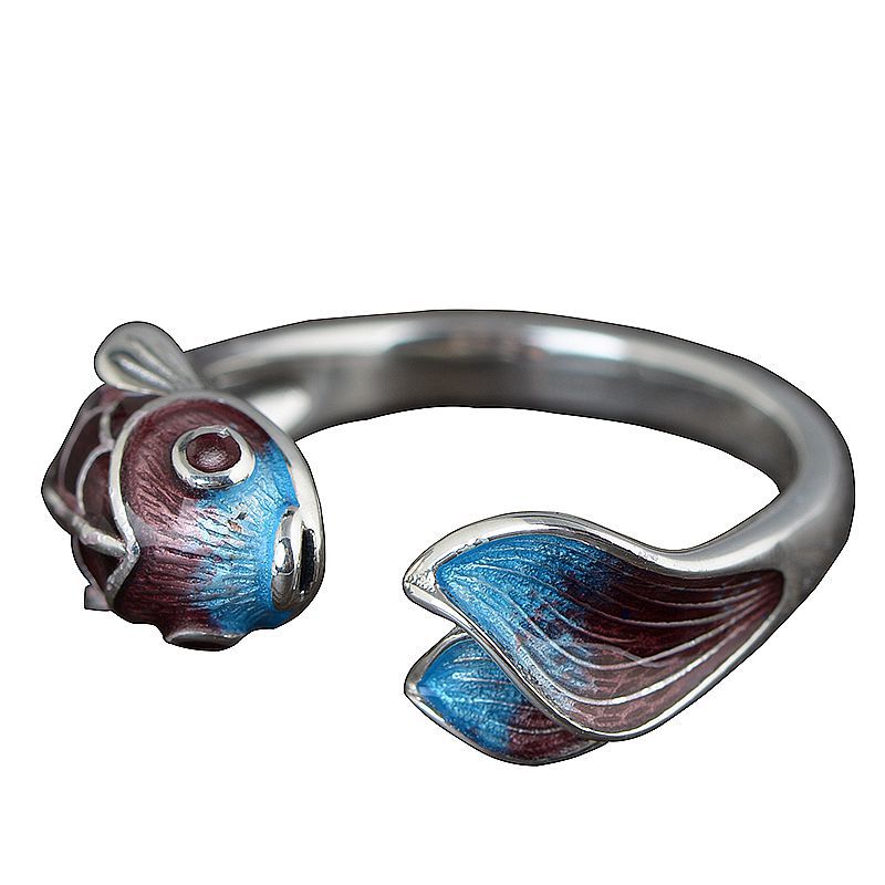S925 Silber Retro Klassischer Gerösteter Blauer Karpfen Koi Ring