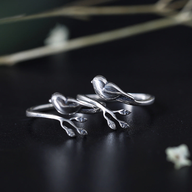 S925 Silver Minimalist Creative Branch Vintage Artistic Bird Ring