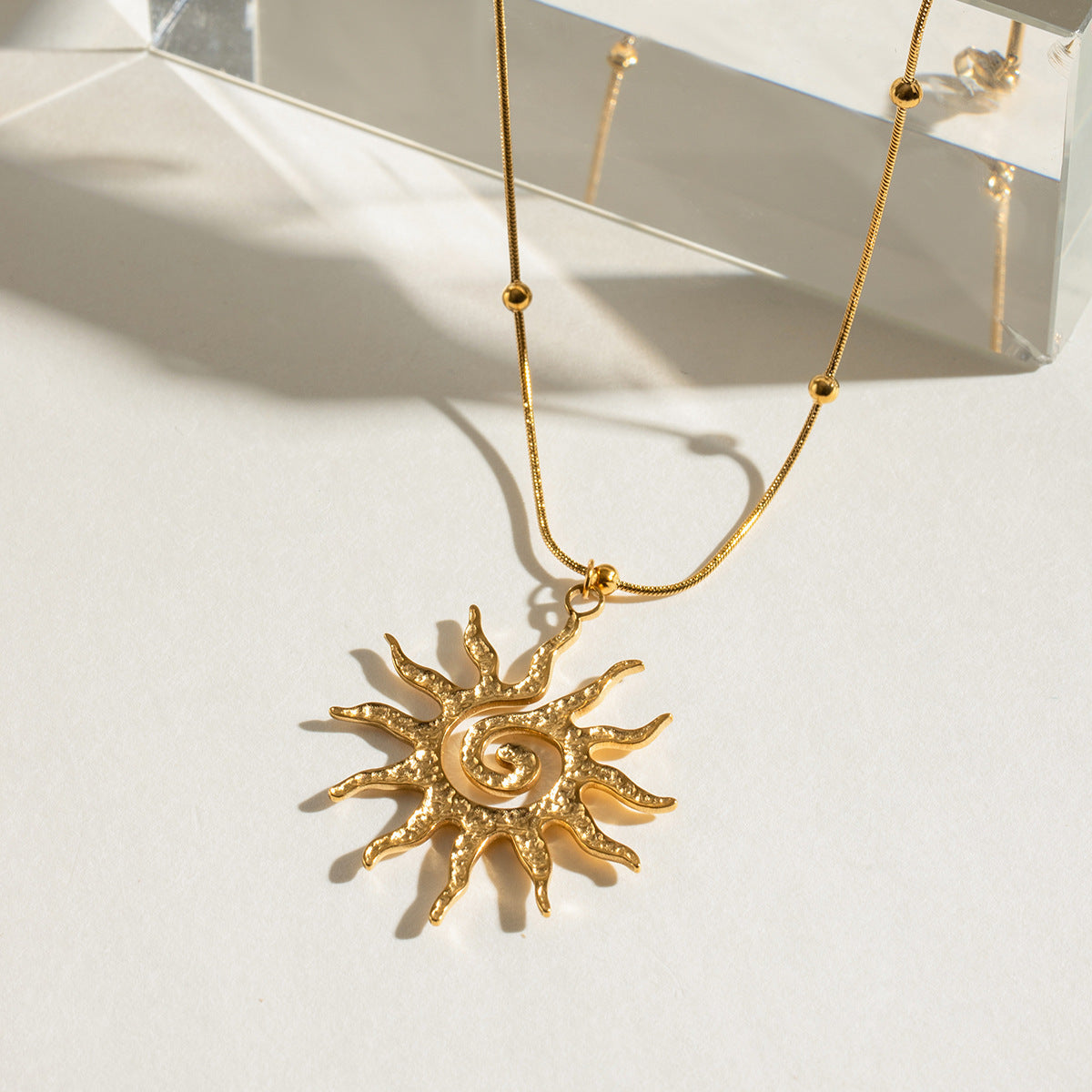 Stainless Steel Hammered Spiral Sun Pendant Necklace