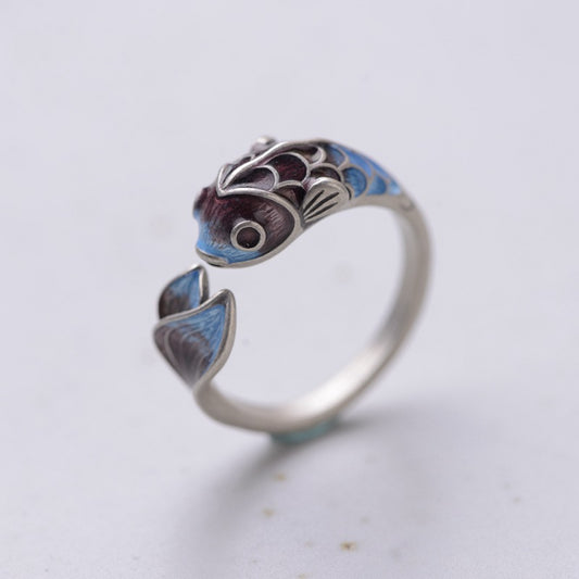 S925 Silber Retro Klassischer Gerösteter Blauer Karpfen Koi Ring