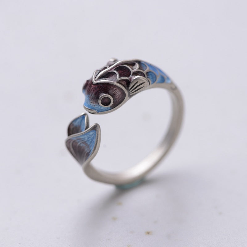S925 Silber Retro Klassischer Gerösteter Blauer Karpfen Koi Ring