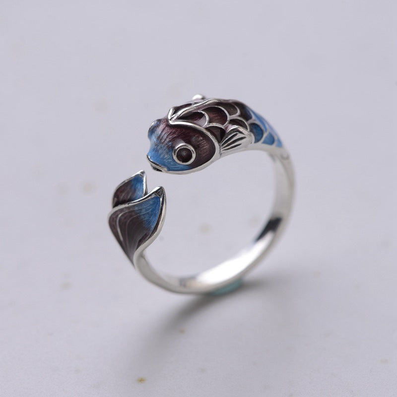 S925 Silber Retro Klassischer Gerösteter Blauer Karpfen Koi Ring