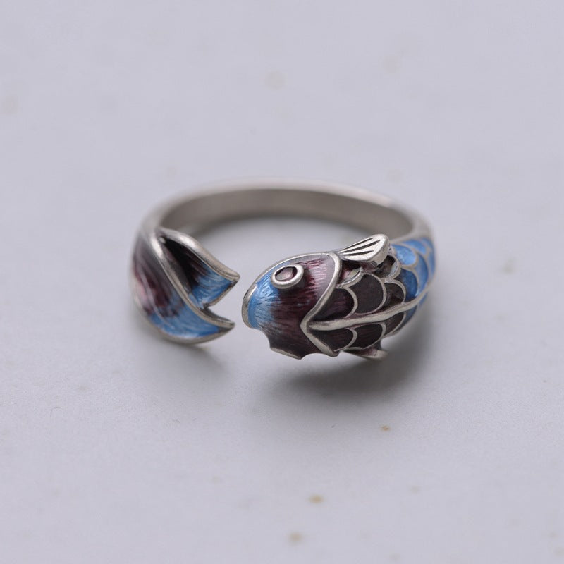 S925 Silber Retro Klassischer Gerösteter Blauer Karpfen Koi Ring