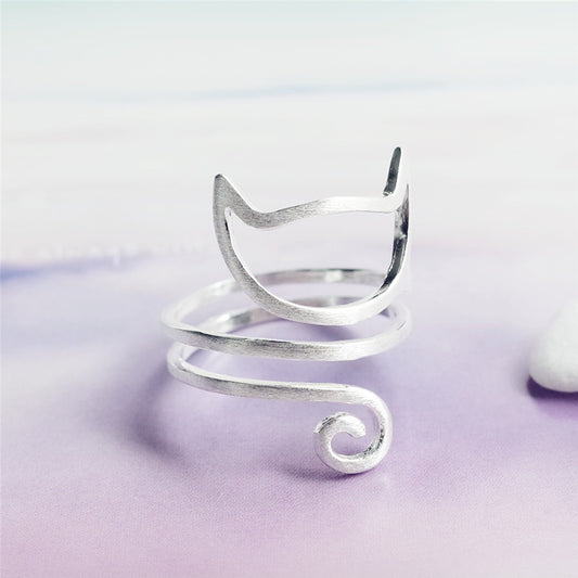S925 Silber Personalisierter Wickelring mit gebürstetem süßem Katzenmotiv